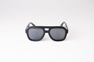 front view of large black sustainable and biodegradable malone charcoal aviator sunglasses with dark grey lens